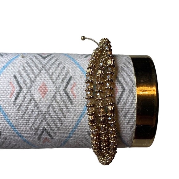 Vintage Multi 3 Strand Clear & Tones of Gold Beaded Bracelet Adjustable pull - Picture 1 of 5